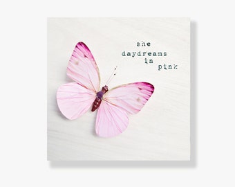 Butterfly photo canvas, girls wall art, typography art, nursery decor, pink butterfly, butterfly decor, whimsical - She Daydreams in Pink