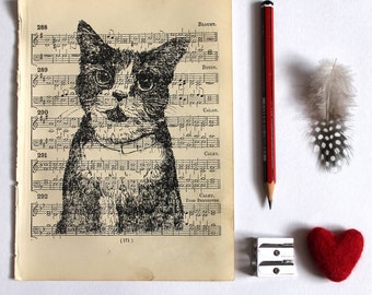 Cat Gocco Print on Vintage Sheet Music, Cat Print