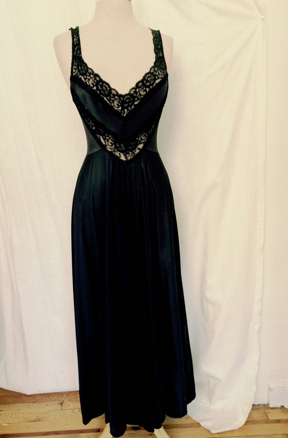 Vintage 1960s Long Slinky Black Nightgown with Lace by ItemVintage