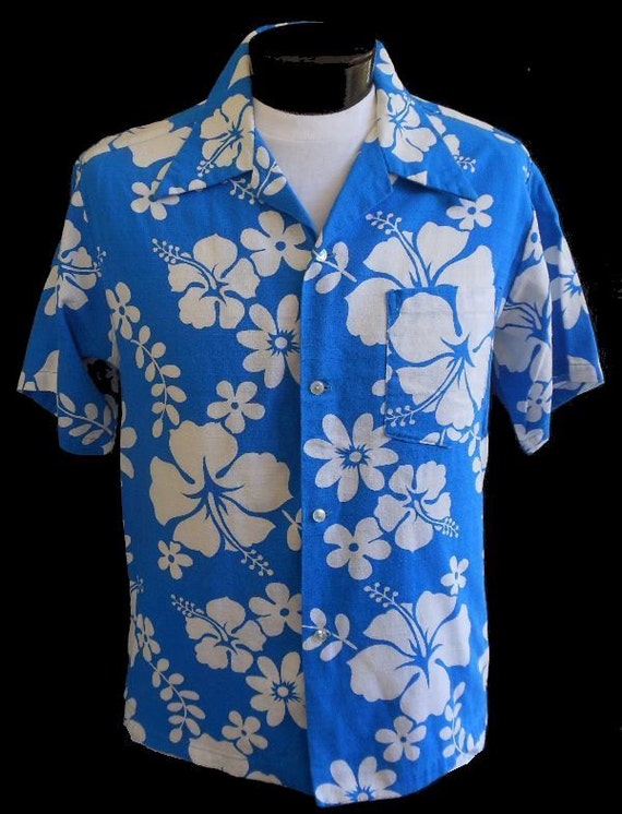 Vintage 60s Mens Hawaiian Aloha Shirt 1960s Hibiscus Cotton