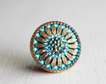 Bright Turquoise Gold Daisy 18mm Czech Glass Button