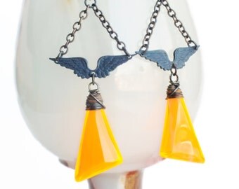 Neon Orange Earrings Vintage Orange Prism Dangles Wing Earrings Wire Wrapped Bright Orange Jewelry Wing Statement Geometric Jewelry