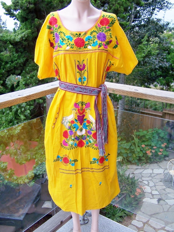 Plus size Mexican Dress Embroidered Mexican Yellow Mexican