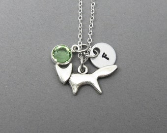 Little Fox Necklace - Handstamped initial, Customized Swarovski crystal birthstone