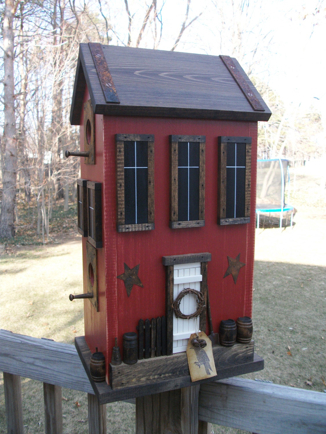 SALE Folk Art Primitive Saltbox CounTry Barn Red Farm Rustic