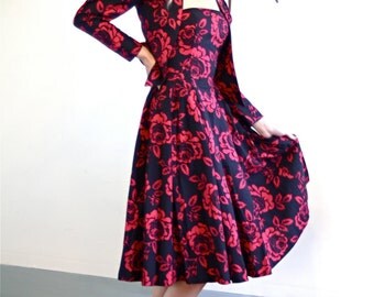 VTG 80s Laura Ashley Strapless Dress & Bolero Jacket 2 Piece Set Shoulder Pads Full Skirt Black w/ Wine Red Rose Floral Print 1980s Outfit