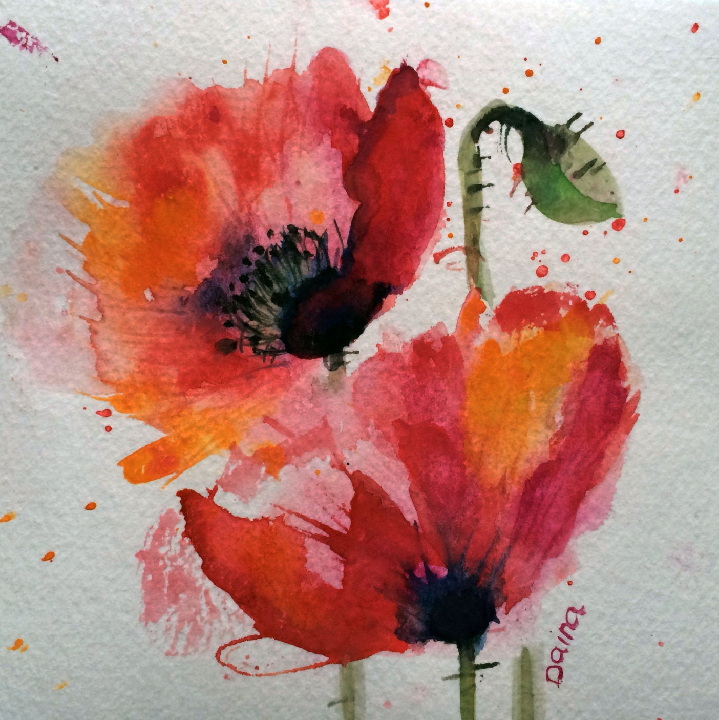 Poppies original watercolor painting.