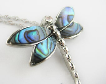 Sterling Silver Dragonfly Necklace - Abalone Jewelry - Dragon Fly Jewelry - Abalone Shell Necklace Pendant