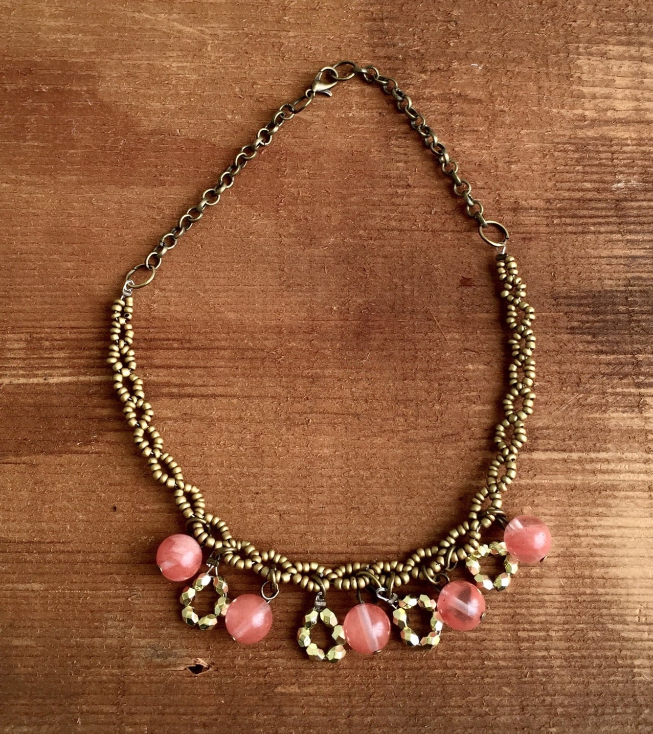 Antique Bronze Seed Beaded Necklace with Glass by Five17Designs