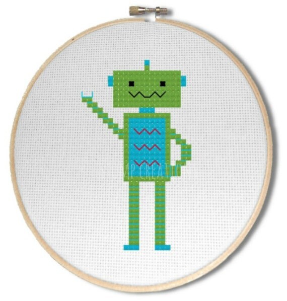Robot cross stitch pattern Green and blue robot by StompCreations