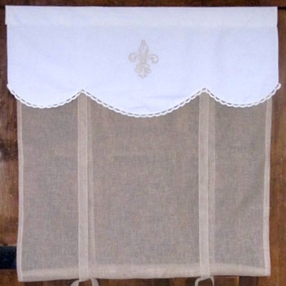 Fleur de Lis French Linen Window Curtain, Natural Linen Roller Shade ...