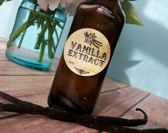 Vintage Vanilla Extract bottle labels, rustic cottage chic round stickers for amber bottles or mason jars, wedding and shower favors