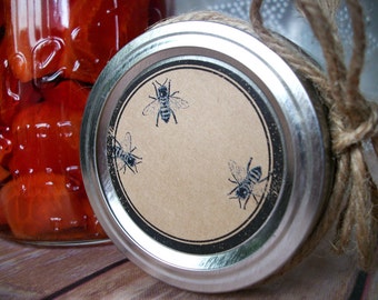 Rubber Stamp Honey Bee KRAFT paper canning jar & bottle labels, round honey bee stickers, backyard beekeeper honey bottle label