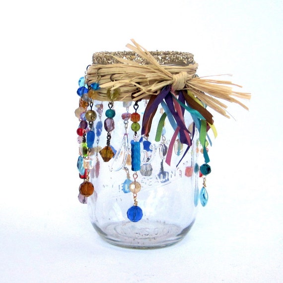 Beaded Mason Jar Candle Holder Luminary Bohemian by rrizzart