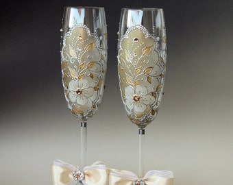 Wedding Glasses, Wedding Toasting Flutes, 2 Sektgläser, Hand Painted Gold Silver Set of 2