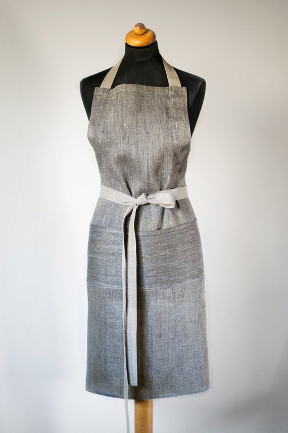 Linen Aprons Unisex Full Apron Natural Gray With Black Apron