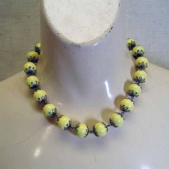Vintage Yellow Glass Bead Necklace 1960s 17.75 Inches Long