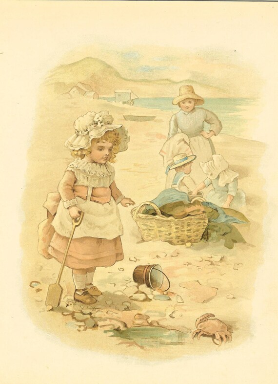 Raphael Tuck Victorian 1895 Antique Childrens Print Young Girl Mop Cap Apron On Beach Bucket And Spade Vintage Book Plate Book Illustration