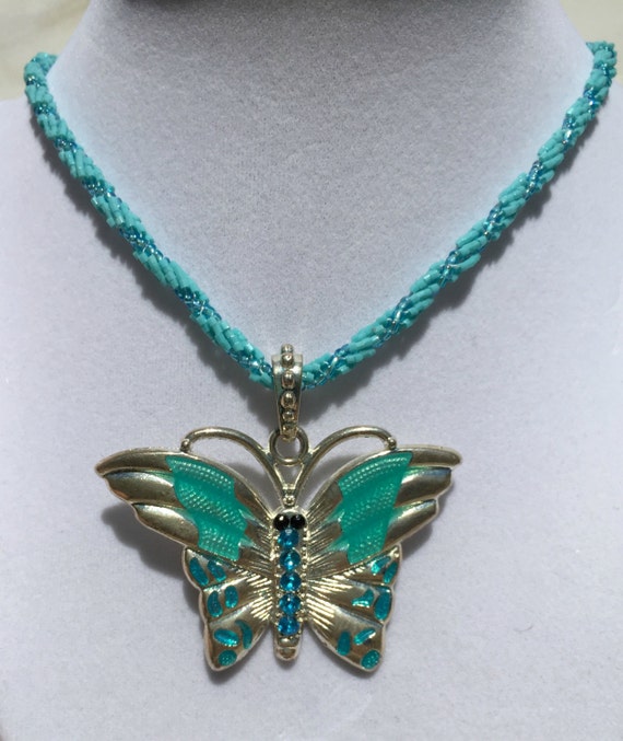 Butterfly Necklace Blue Beaded Necklace by KatiesCustomJewelry