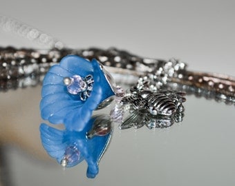 Bee Pendant, Blue Flower Necklace, Bee Necklace, Flower and Bee, Insect Jewelry, Charm Necklace, Silver Bee Charm Jewelry, Insect Necklace