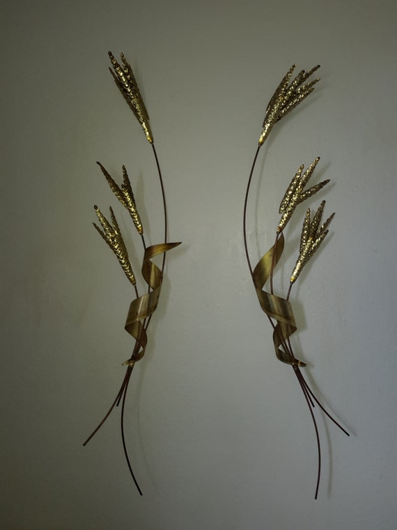 vintage metal art wheat pair of brass wall by BlueFrogVintage