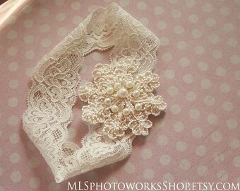 Vintage Style Ivory Embroidered Lace Baby Girl Headband - Soft Ivory Wedding Headbands and Hair Clips with Pearls