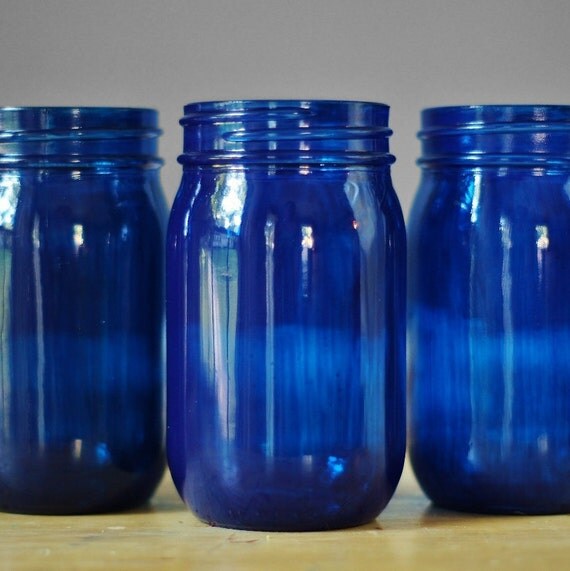 Set of Three Cobalt Blue Glass Mason Jar Vases Cottage Chic