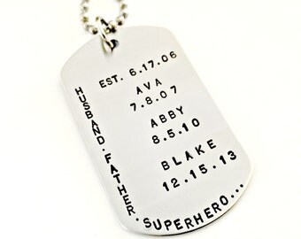 Hand Stamped Dog Tag - Husband Father Superhero - Custom Mens Jewelry Personalized Daddy Necklace Fathers Day Gift - Child Names & Dates