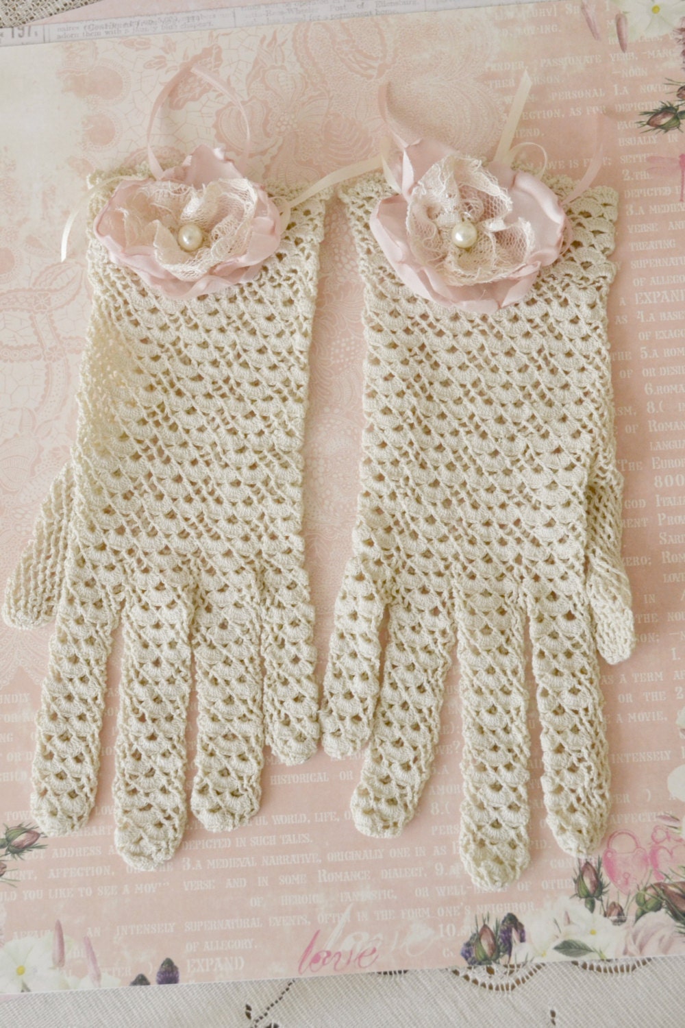 Set of Vintage Lace Gloves Embellished with Handmade