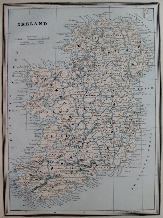 1893 IRELAND Map of Ireland Vintage 1800s Collectible Map Home