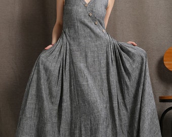 Gray Linen Maxi Dress - Summer Sleeveless Grey Marl Long Loose-Fitting Plus Size Womens Clothing C418