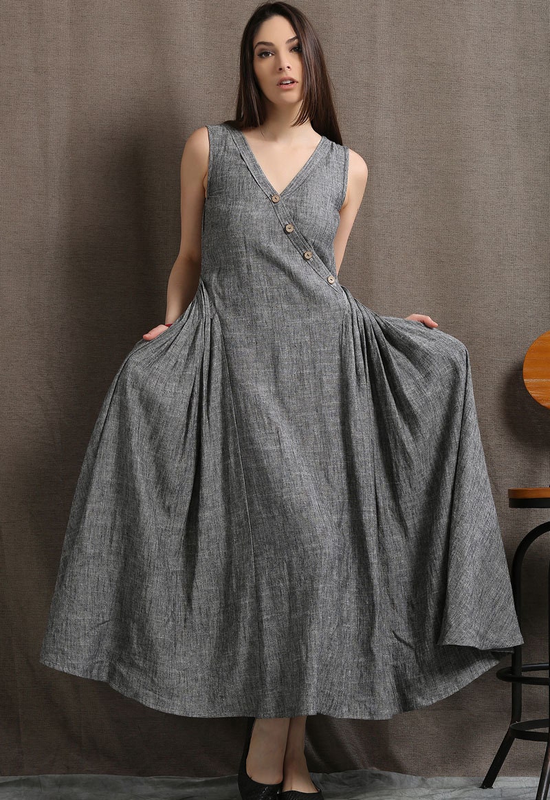 Gray Linen Maxi Dress Summer Sleeveless Grey Marl Long