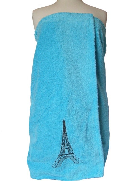 Eiffel Tower Towel Wrap on Aqua Terry Bath Towel by MischyfCouture