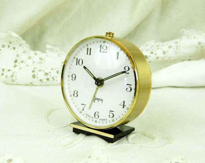 Working Vintage Mid Century Japy French Wind Up Mechanical Alarm Clock, Gold and Black 1950s Bedside Timepiece from France, Retro Home Decor