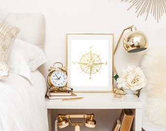 Nautical Compass Gold Foil Print, The Golden Compass Print, Poster, Beach House Decor, Nautical Decor, Nautical Wall Art