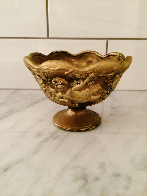 Gold Pedestal Bowl Ornate Gold Bowl Gold Cherub Bowl