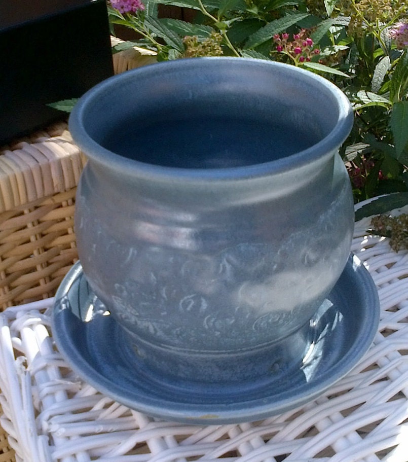 Planter / Flower Pot with Attached Saucer Blue Pottery