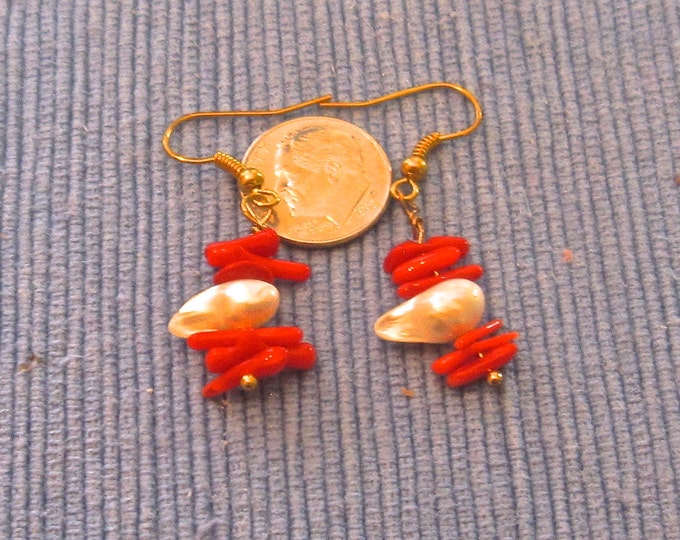 Pearl and Coral Earrings, Natural, 1.5 Inches Long, Gold Plate French Hooks E113