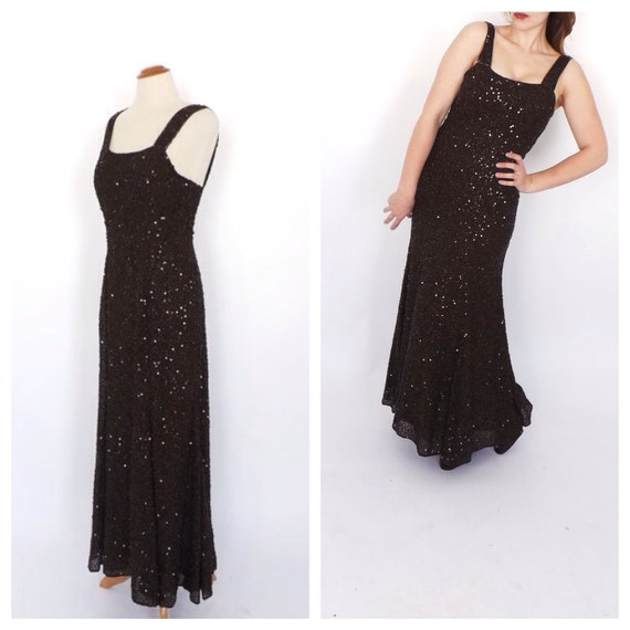 Vintage 1990s does 1930s Brown Sequin Beaded Maxi Dress Sexy