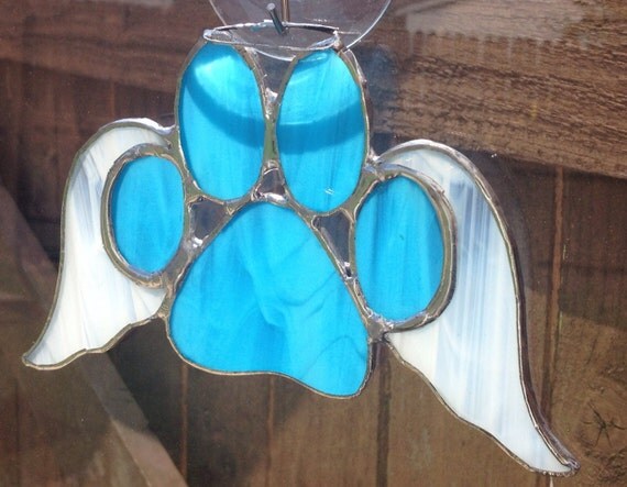 Blue Stained Glass Paw Print With Angel Wings by langanfamilyfinds