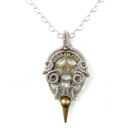 Spike Pendant Necklace - Wire Wrapped Labradorite Pendant - Silver Pendant - Steampunk Gear Pendant - Gothic Steampunk Collection by AbstractFantasy steampunk buy now online