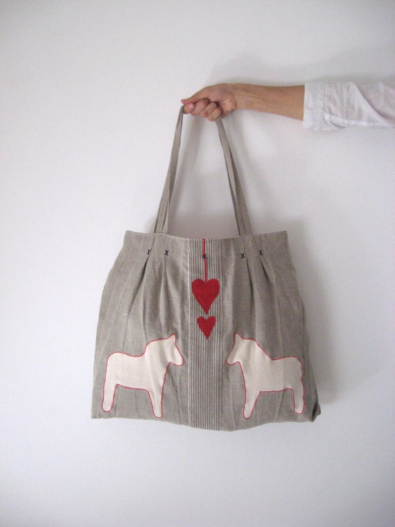 Dala Horse Large Tote Rustic Natural Grey Linen Shoulder Boho Bag ...