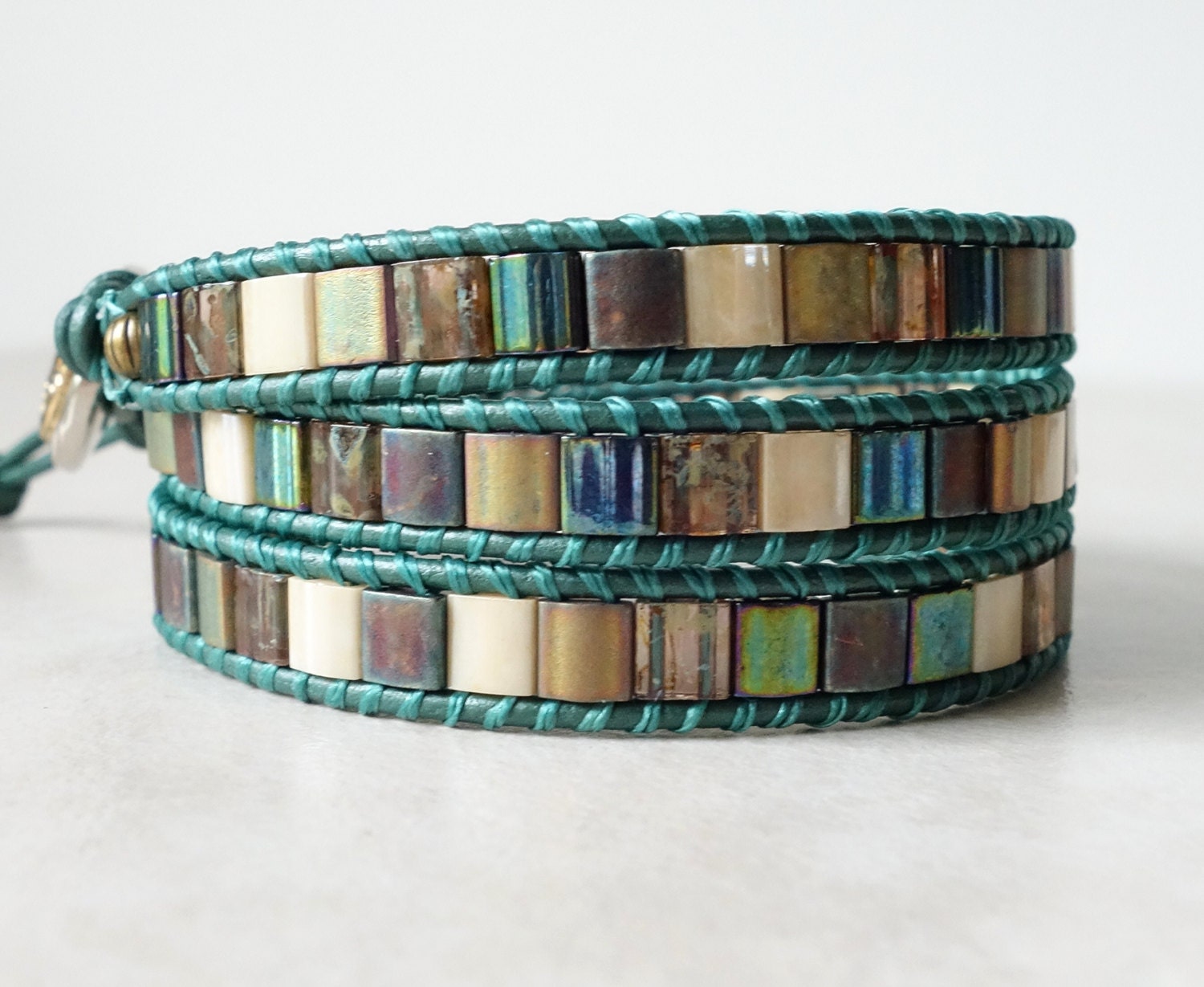 Green Tila bead triple wrap bracelet Bohemian leather ladder