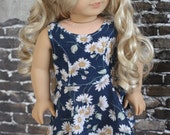 American Girl Doll Clothes - Navy Daisy Print Sleeveless Versatility Princess Seams SKATER DRESS for 18 Inch