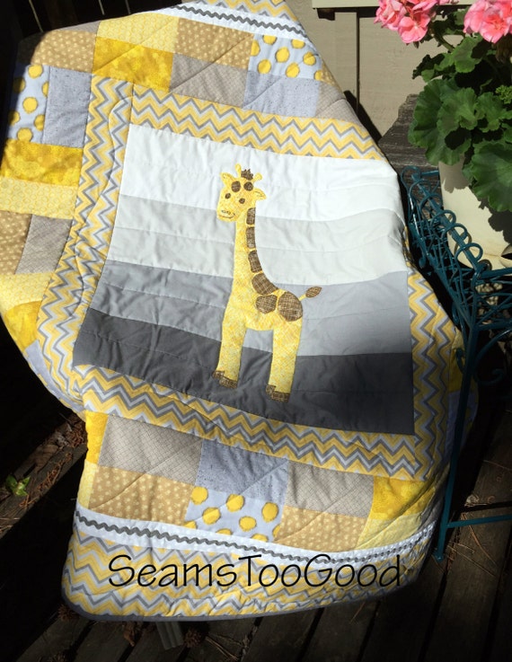 Gentle Giraffe Crib or Baby Quilt in yellow gray and brown