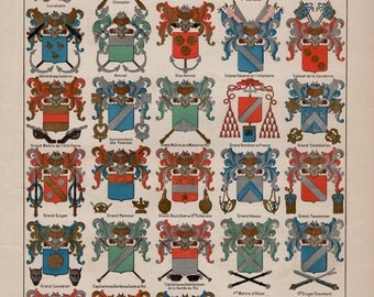 1897 Heraldry Antique Print, Vintage Lithograph, Blazon Illustration, Coat of Arms, Dignities and Royal Charges, Heraldic Crests Military