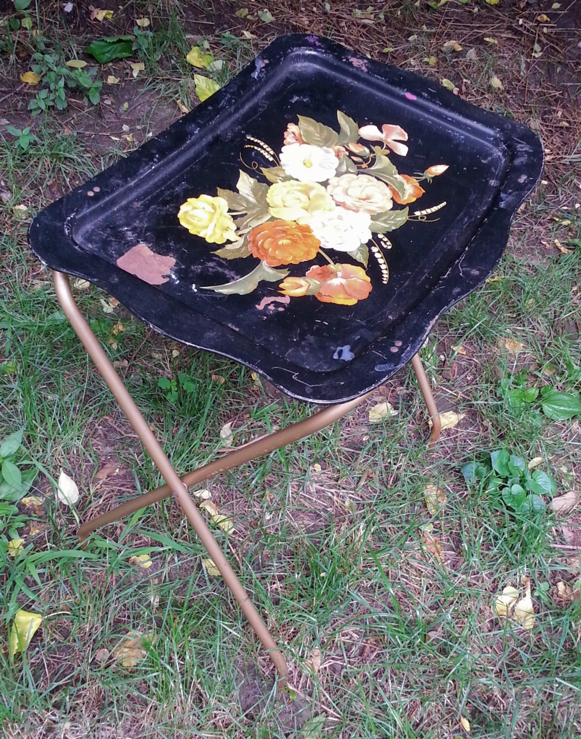 Tole Cottage Rose Rustic TV Tray Table Quaker Industries Inc 1960