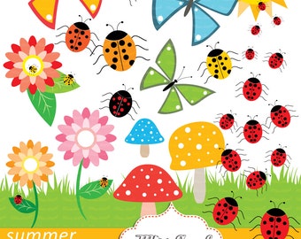 Ladybugs, Flowers, Mushrooms, Butterflies CLIPART. Summer bugs. Printable colorful summer Clip Art, MissAngelClipart