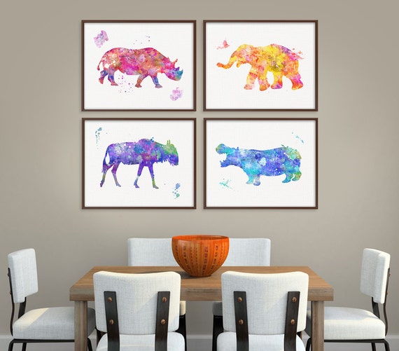 African Animal Art Set of 4 Prints Wildlife Animal Art