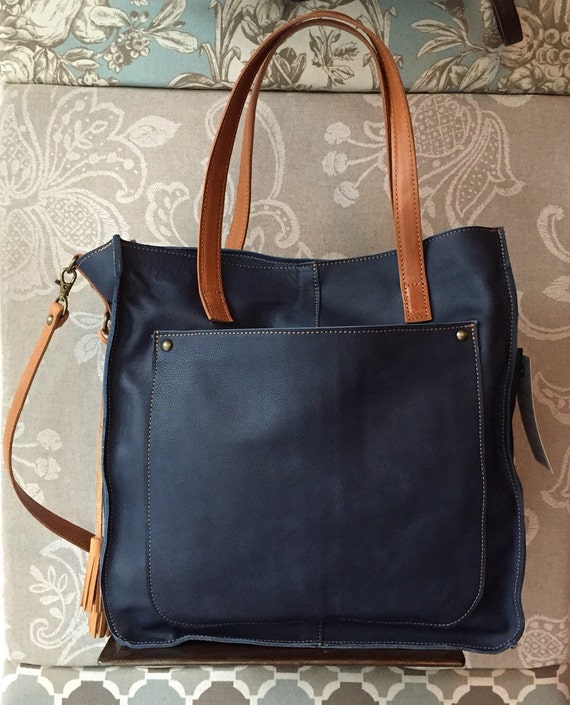 Leather tote blue tote bag soft leather purse blue